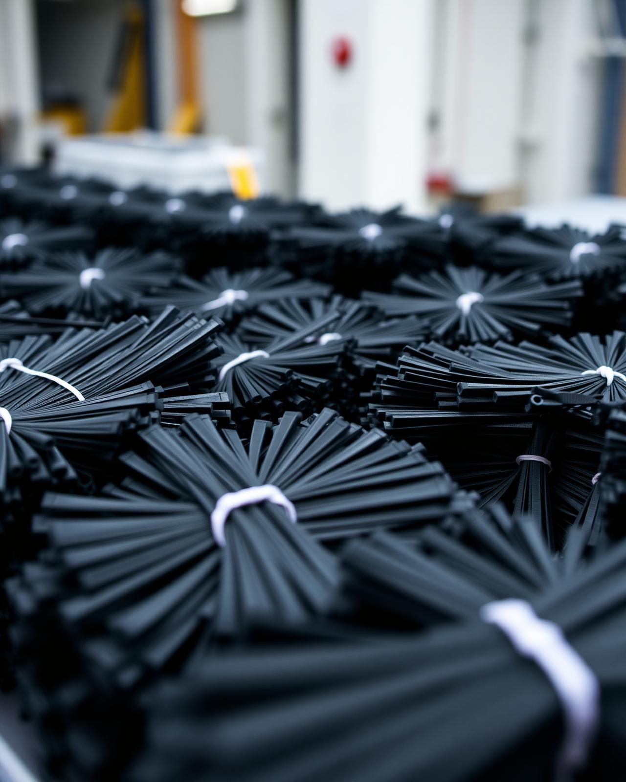 Bundles of black nylon cable ties organized for retail distribution.