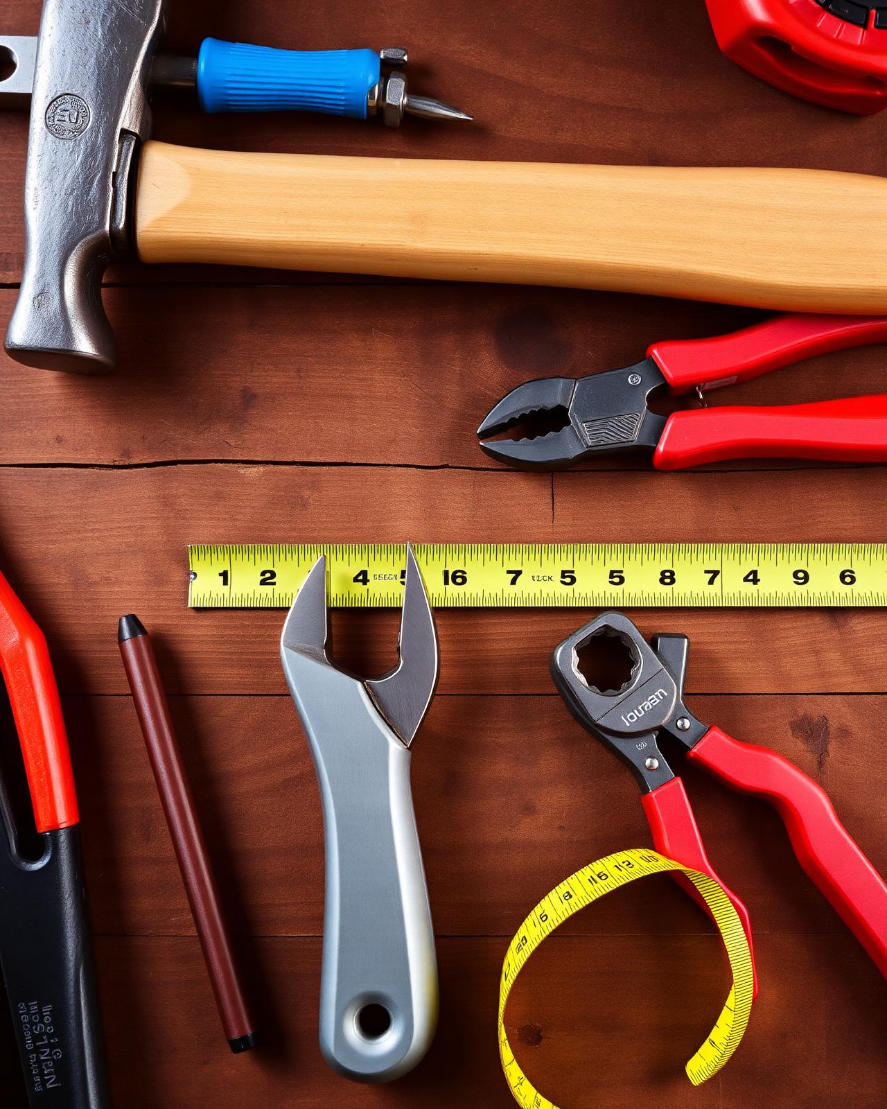 Hand tools arranged on a workbench — practical retail inventory.