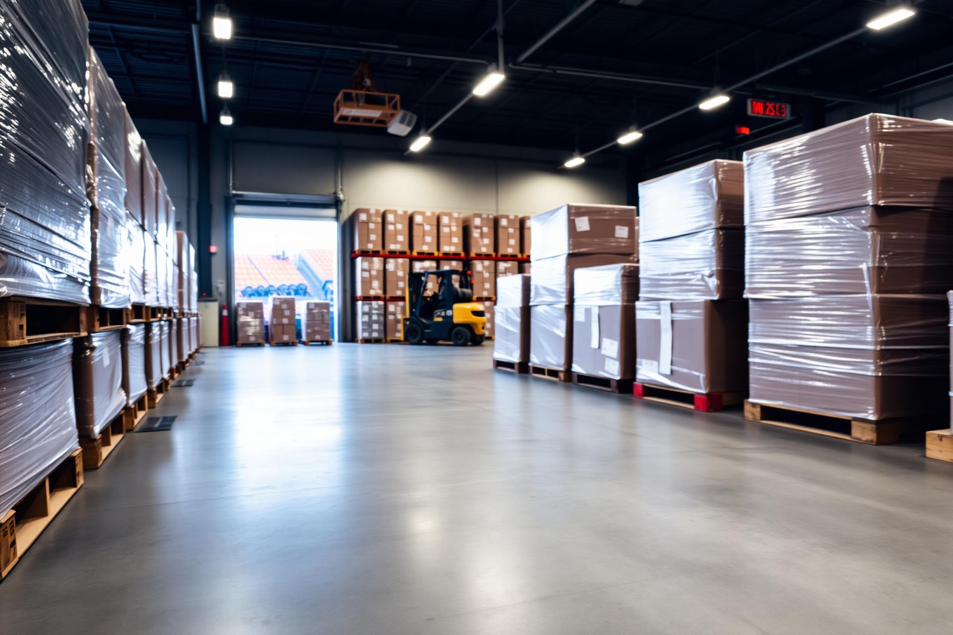 Shipping and distribution floor with shrink-wrapped pallets ready to ship.