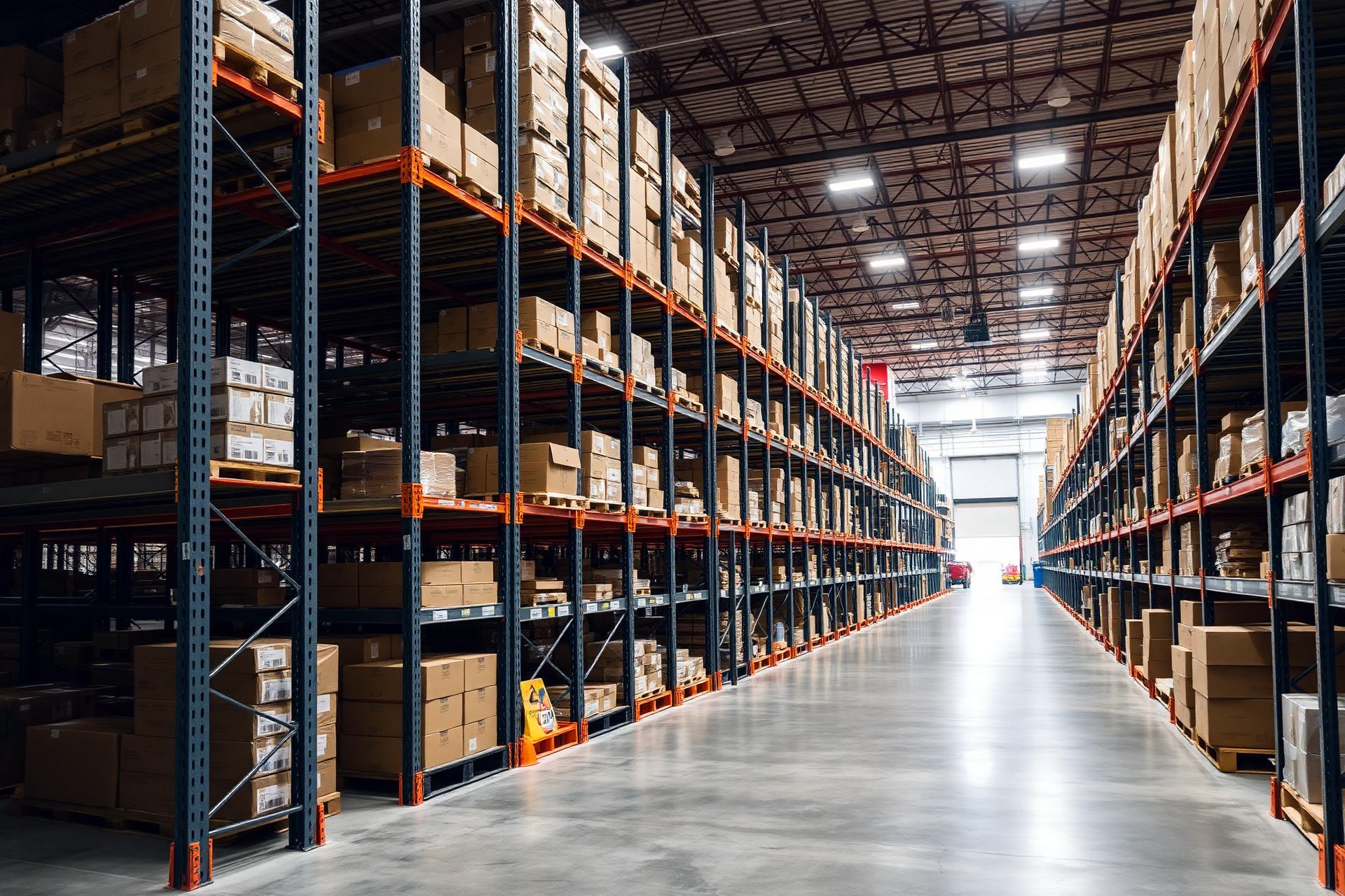 Maverick's Distributing wholesale warehouse with steel shelving stocked with boxed product.